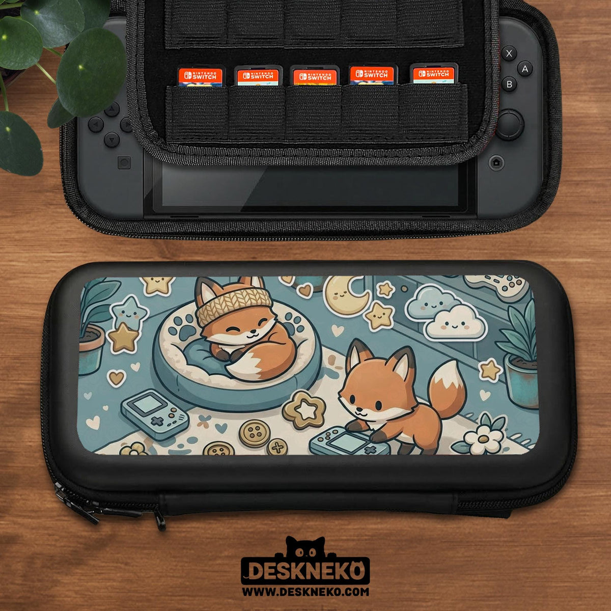 Blue Switch carrying case with cute fox characters, moon and star details, and small potted plants with beige accents.