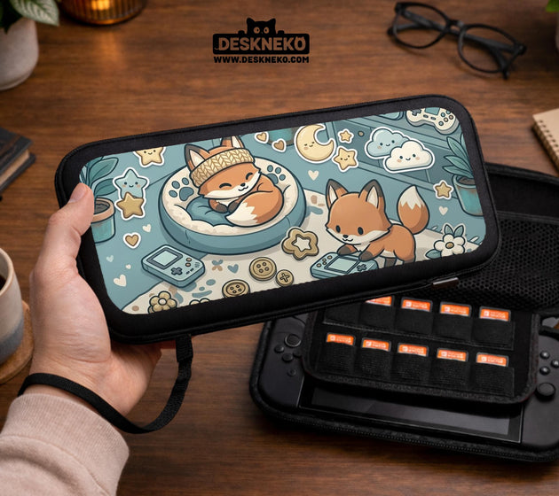 Blue Switch carrying case with cute fox characters, moon and star details, and small potted plants with beige accents.