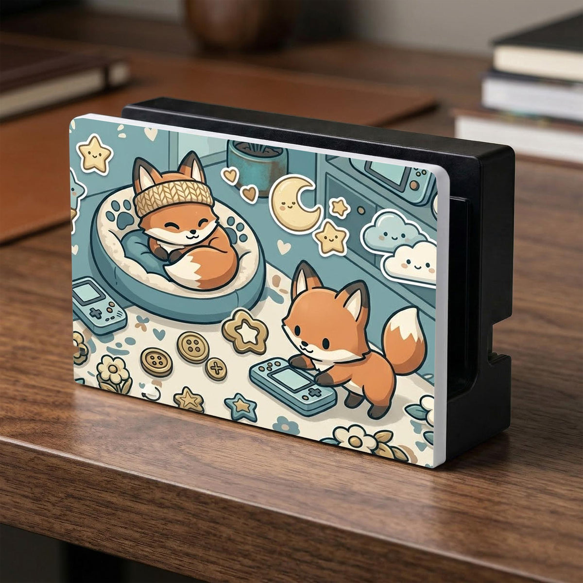 Blue Switch carrying case with cute fox characters, moon and star details, and small potted plants with beige accents.