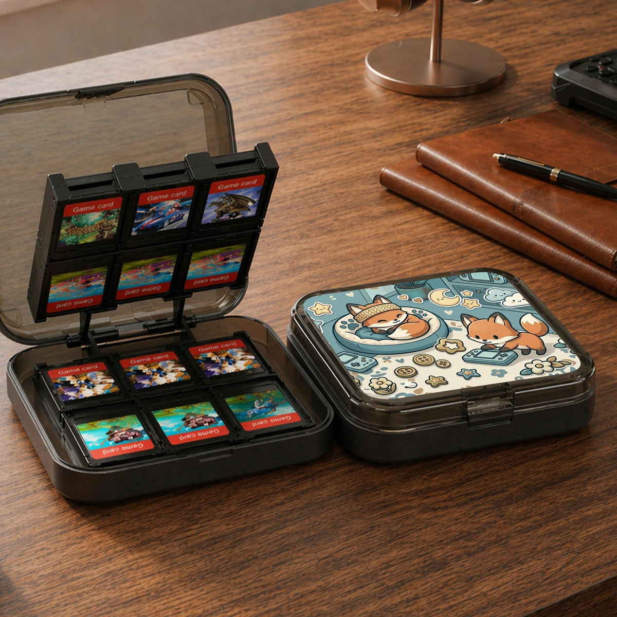 Blue Switch carrying case with cute fox characters, moon and star details, and small potted plants with beige accents.