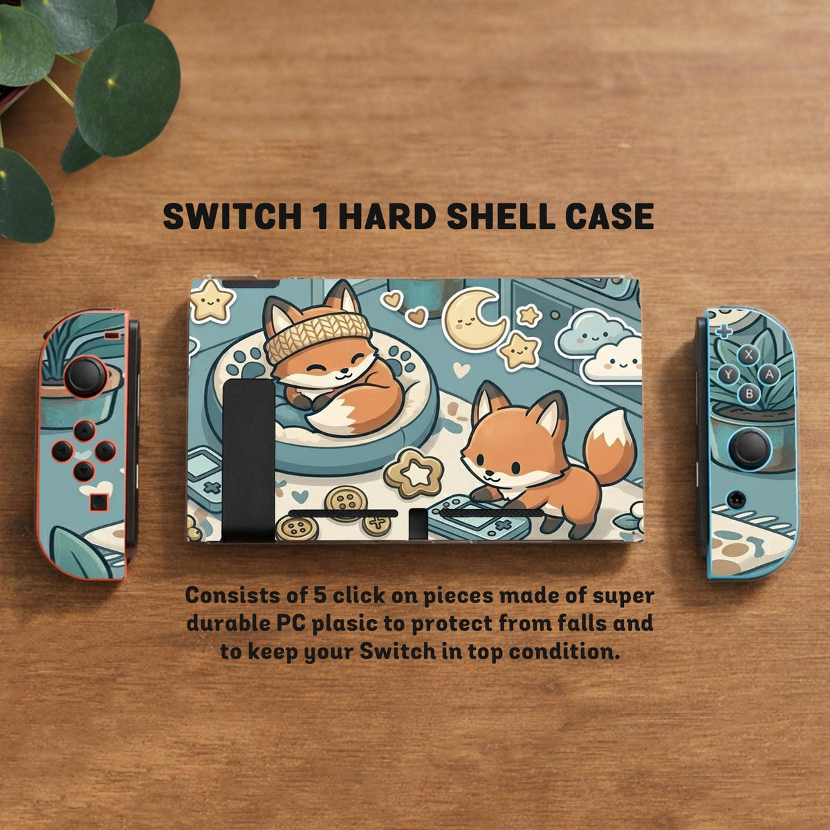 Blue Switch carrying case with cute fox characters, moon and star details, and small potted plants with beige accents.