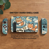 Blue Switch carrying case with cute fox characters, moon and star details, and small potted plants with beige accents.
