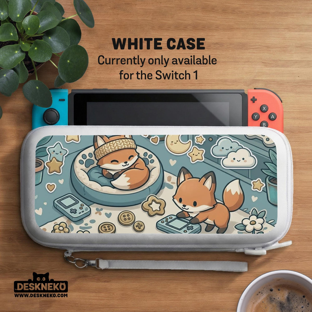 Blue Switch carrying case with cute fox characters, moon and star details, and small potted plants with beige accents.