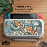 Blue Switch carrying case with cute fox characters, moon and star details, and small potted plants with beige accents.
