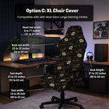 Black chair cover with a moth, moon, and flower pattern in gold, ivory, and dark botanical tones.