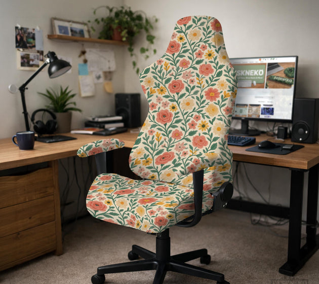 Cream desk chair cover with a vintage floral print featuring coral roses, mustard daisies, and green vines on a chair.