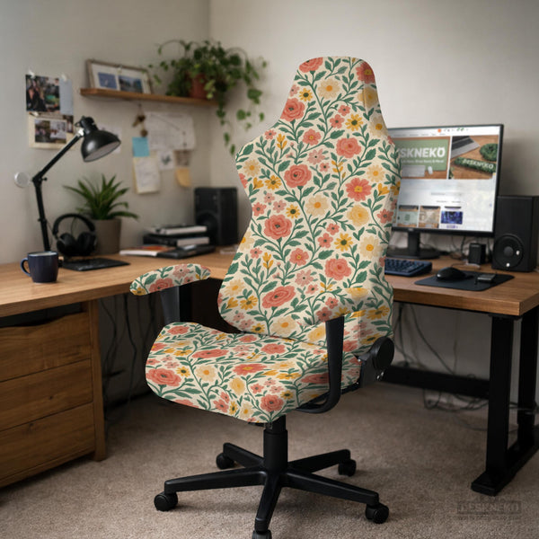 Cream desk chair cover with a vintage floral print featuring coral roses, mustard daisies, and green vines on a chair.