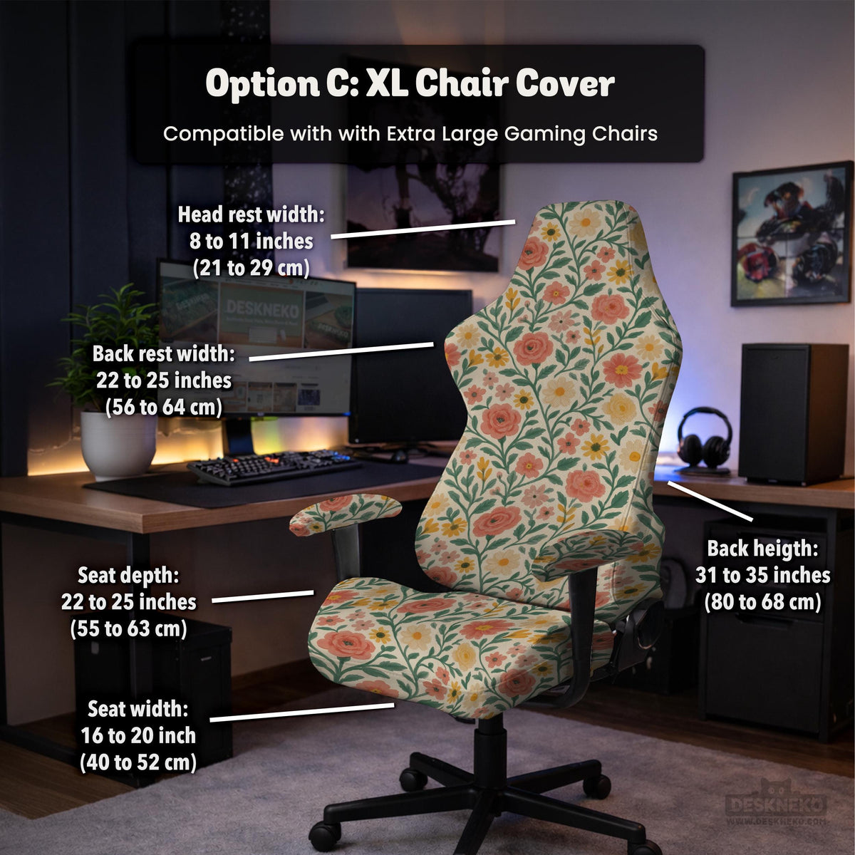 Cream desk chair cover with a vintage floral print featuring coral roses, mustard daisies, and green vines on a chair.