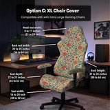 Cream desk chair cover with a vintage floral print featuring coral roses, mustard daisies, and green vines on a chair.