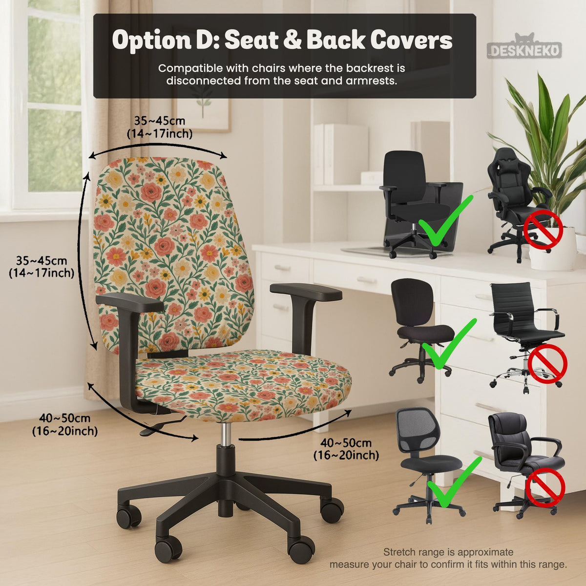 Cream desk chair cover with a vintage floral print featuring coral roses, mustard daisies, and green vines on a chair.
