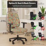 Cream desk chair cover with a vintage floral print featuring coral roses, mustard daisies, and green vines on a chair.
