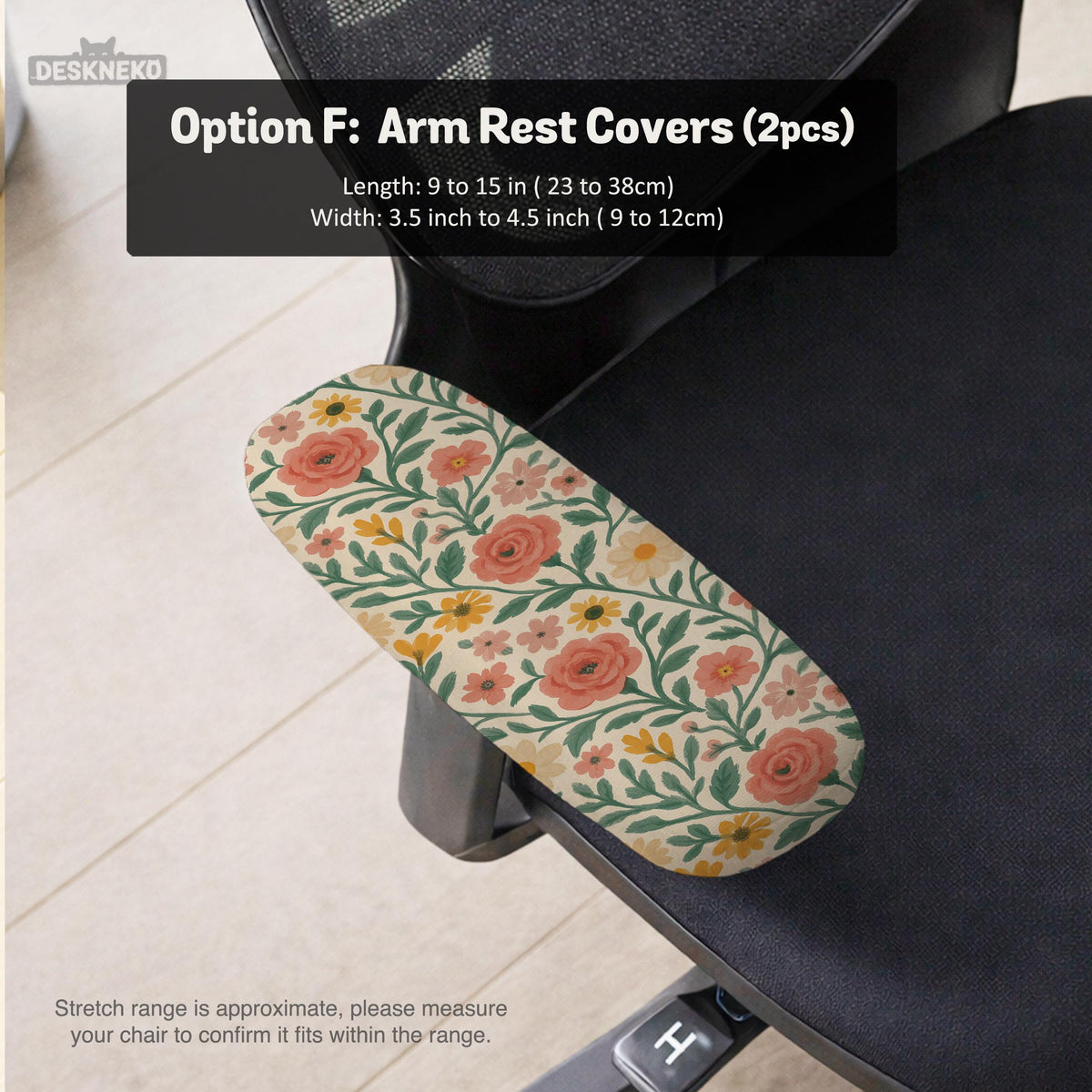 Cream desk chair cover with a vintage floral print featuring coral roses, mustard daisies, and green vines on a chair.