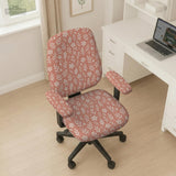 Pink chair cover with a botanical floral print shown on an office chair, with matching armrest covers and multiple cover style options.