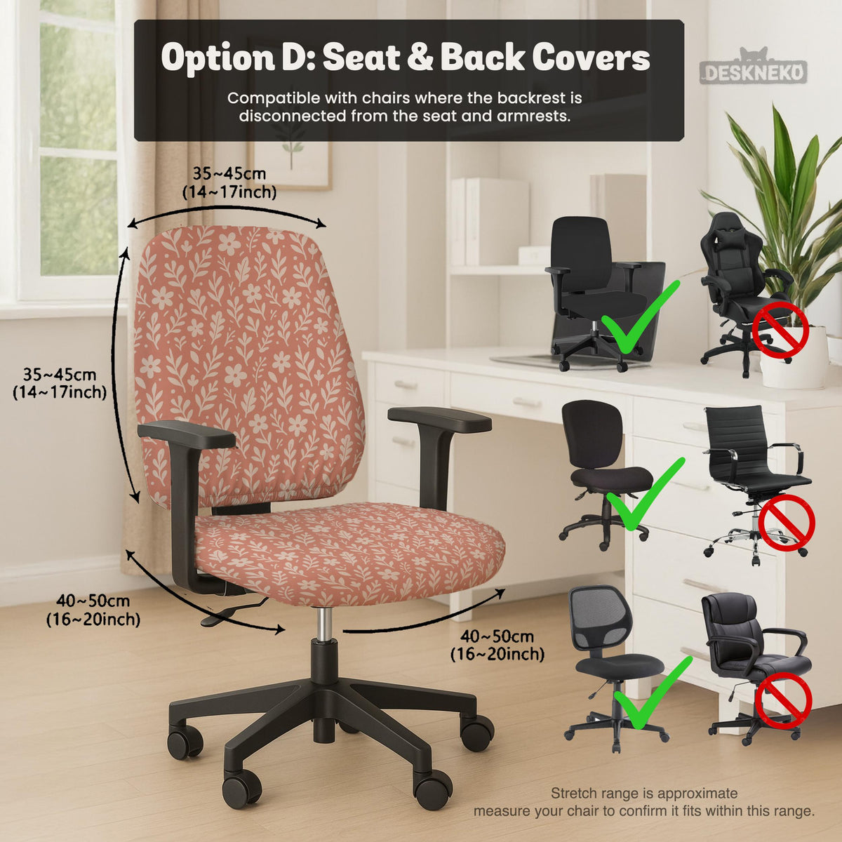 Pink chair cover with a botanical floral print shown on an office chair, with matching armrest covers and multiple cover style options.