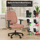 Pink chair cover with a botanical floral print shown on an office chair, with matching armrest covers and multiple cover style options.