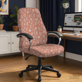 Pink chair cover with a botanical floral print shown on an office chair, with matching armrest covers and multiple cover style options.
