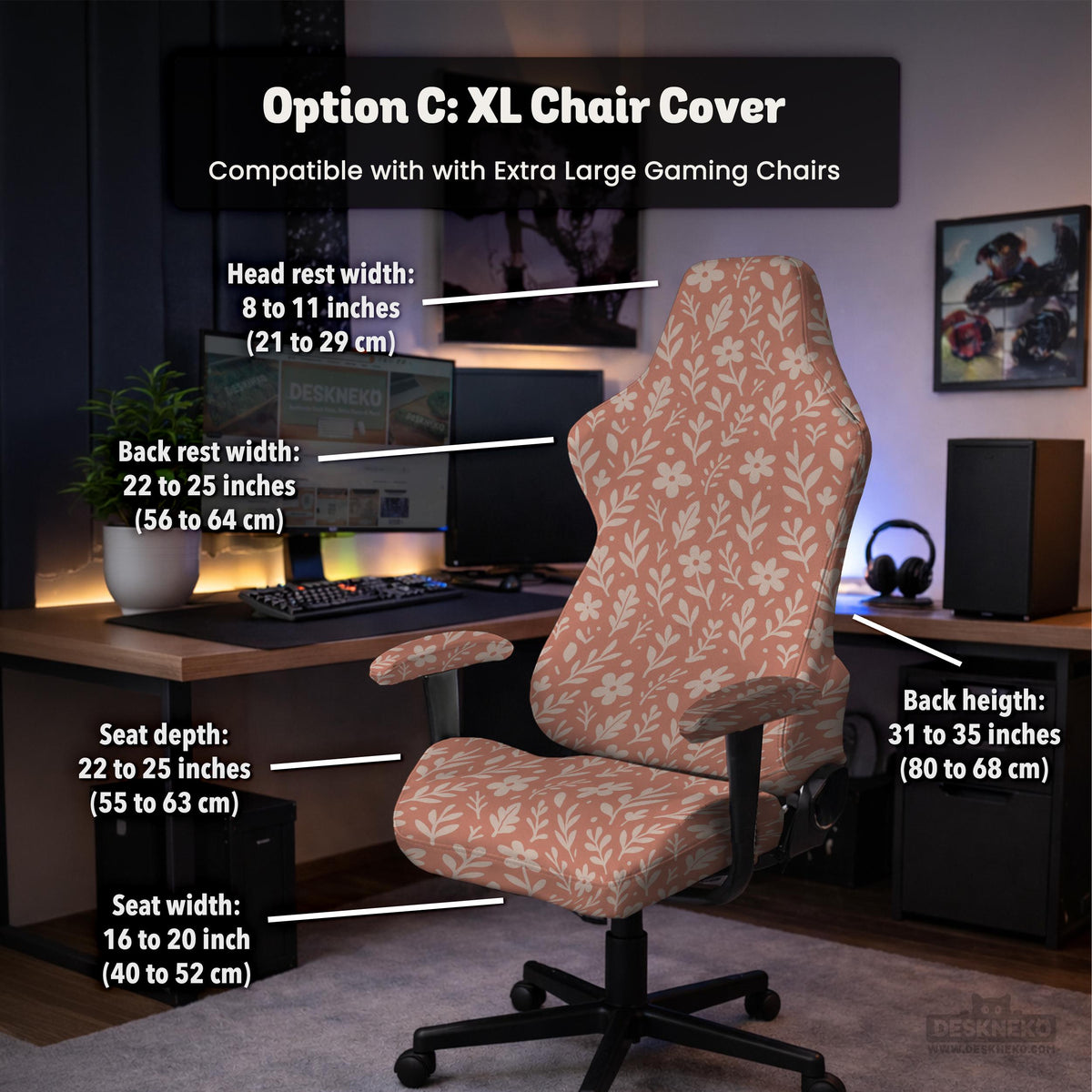Pink chair cover with a botanical floral print shown on an office chair, with matching armrest covers and multiple cover style options.