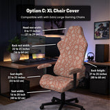 Pink chair cover with a botanical floral print shown on an office chair, with matching armrest covers and multiple cover style options.