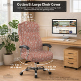 Pink chair cover with a botanical floral print shown on an office chair, with matching armrest covers and multiple cover style options.