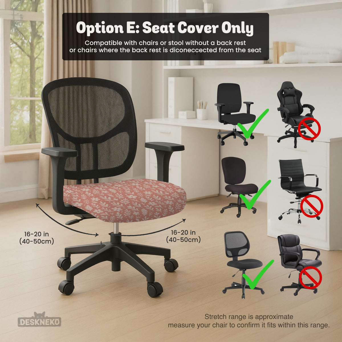 Pink chair cover with a botanical floral print shown on an office chair, with matching armrest covers and multiple cover style options.