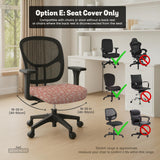 Pink chair cover with a botanical floral print shown on an office chair, with matching armrest covers and multiple cover style options.