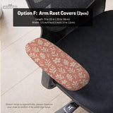 Pink chair cover with a botanical floral print shown on an office chair, with matching armrest covers and multiple cover style options.