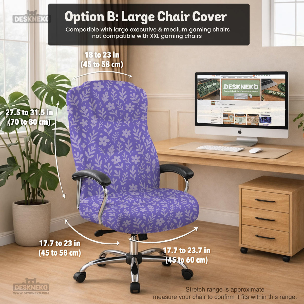 Purple desk chair cover with a botanical floral pattern shown in multiple slipcover options for full chair, back and seat, seat-only, and armrest-only coverage.