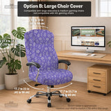 Purple desk chair cover with a botanical floral pattern shown in multiple slipcover options for full chair, back and seat, seat-only, and armrest-only coverage.