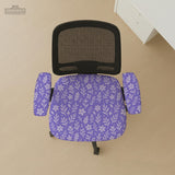 Purple desk chair cover with a botanical floral pattern shown in multiple slipcover options for full chair, back and seat, seat-only, and armrest-only coverage.