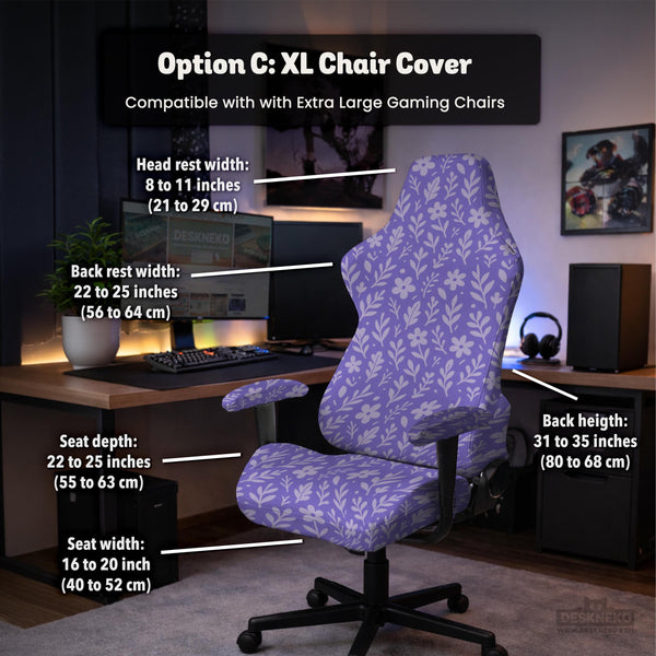 Purple desk chair cover with a botanical floral pattern shown in multiple slipcover options for full chair, back and seat, seat-only, and armrest-only coverage.
