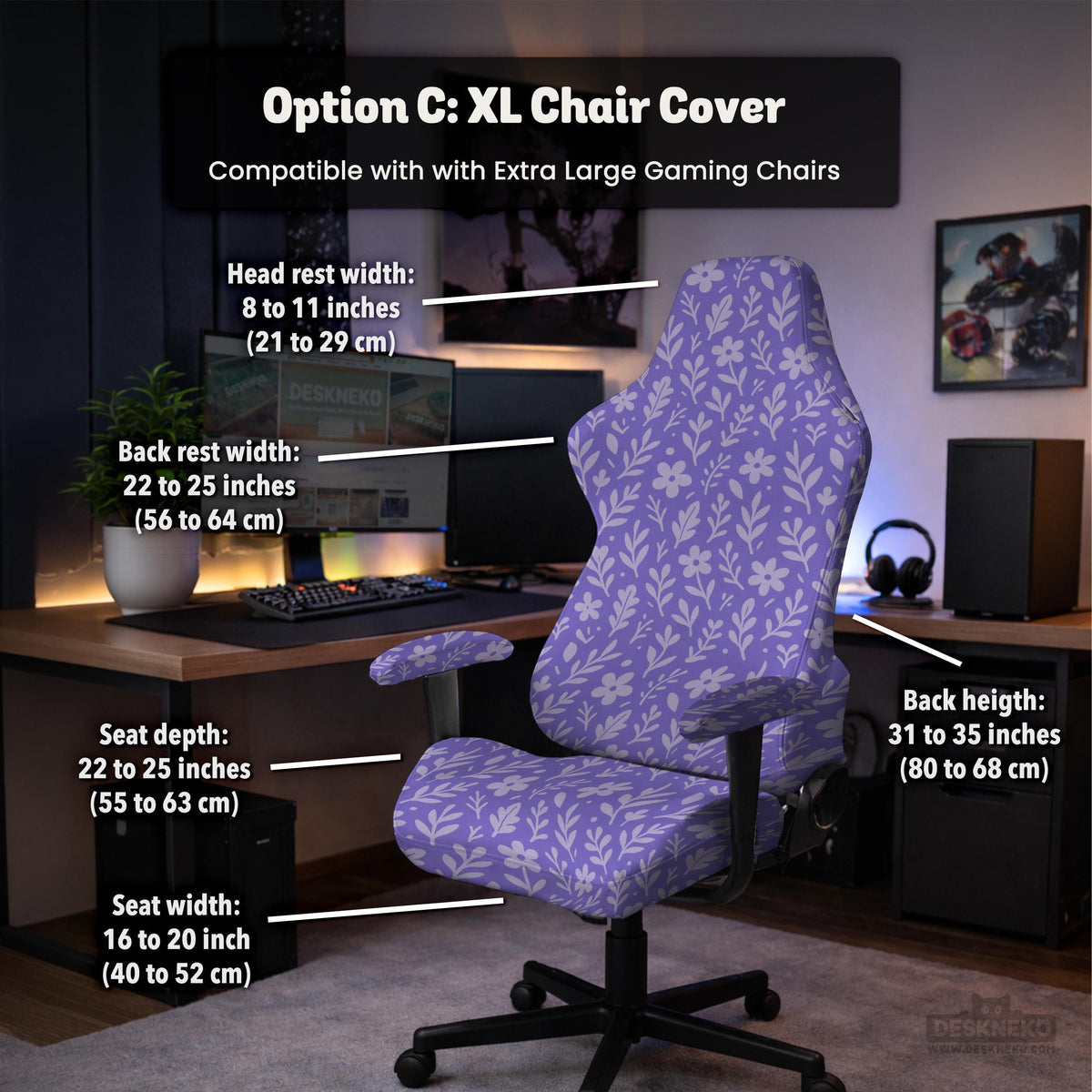 Purple desk chair cover with a botanical floral pattern shown in multiple slipcover options for full chair, back and seat, seat-only, and armrest-only coverage.
