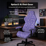 Purple desk chair cover with a botanical floral pattern shown in multiple slipcover options for full chair, back and seat, seat-only, and armrest-only coverage.