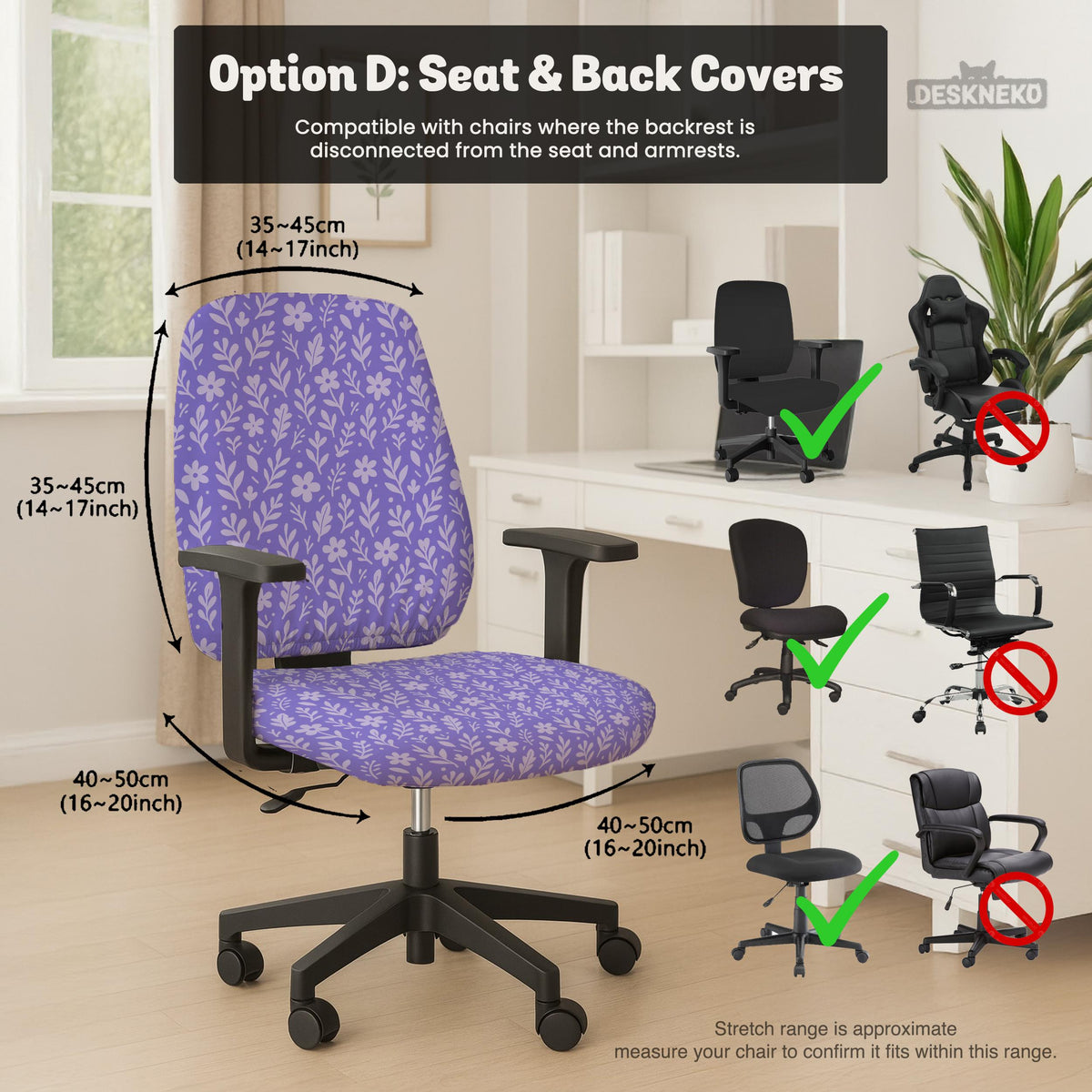 Purple desk chair cover with a botanical floral pattern shown in multiple slipcover options for full chair, back and seat, seat-only, and armrest-only coverage.