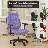 Purple desk chair cover with a botanical floral pattern shown in multiple slipcover options for full chair, back and seat, seat-only, and armrest-only coverage.