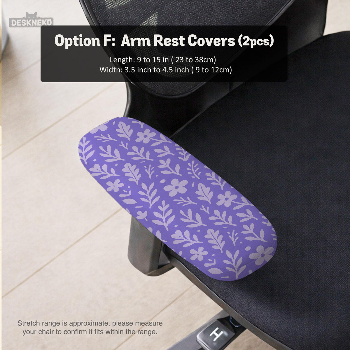 Purple desk chair cover with a botanical floral pattern shown in multiple slipcover options for full chair, back and seat, seat-only, and armrest-only coverage.