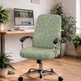 Sage green desk chair cover with a small floral and leaf print shown on an office chair.