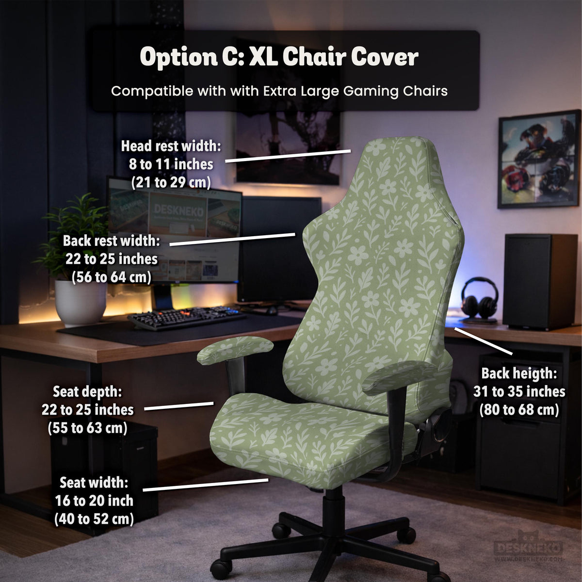 Sage green desk chair cover with a small floral and leaf print shown on an office chair.