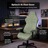 Sage green desk chair cover with a small floral and leaf print shown on an office chair.