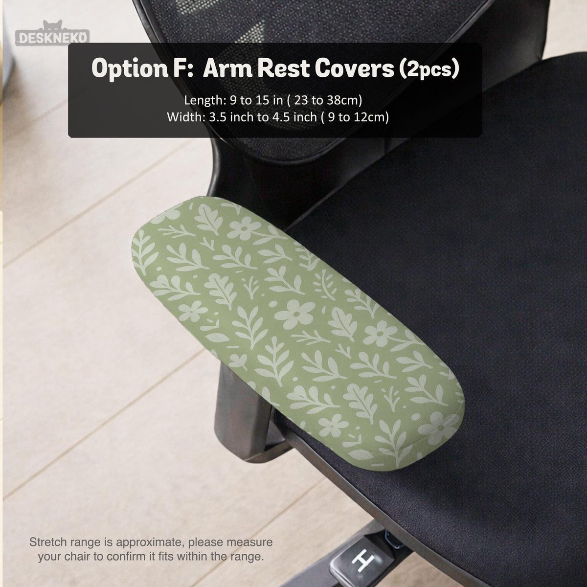 Green chair cover with a small botanical floral print in sage and cream.