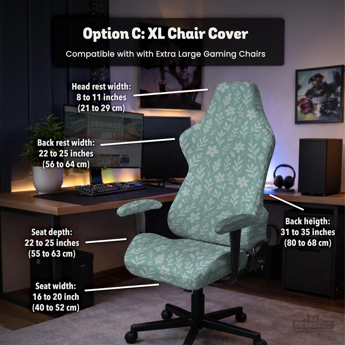 Sage and aqua green floral chair cover shown on a gaming chair with matching armrest covers.