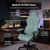 Sage and aqua green floral chair cover shown on a gaming chair with matching armrest covers.