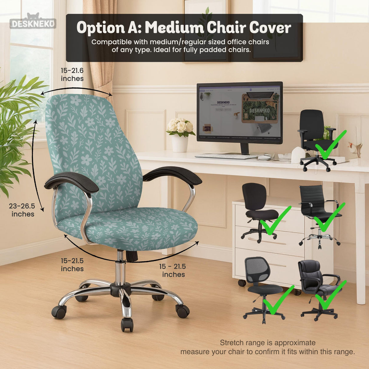 Mint and white botanical desk chair cover with a floral leaf pattern shown on an office chair.
