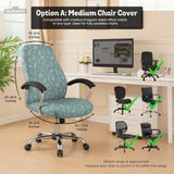 Mint and white botanical desk chair cover with a floral leaf pattern shown on an office chair.