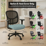 Mint and white botanical desk chair cover with a floral leaf pattern shown on an office chair.