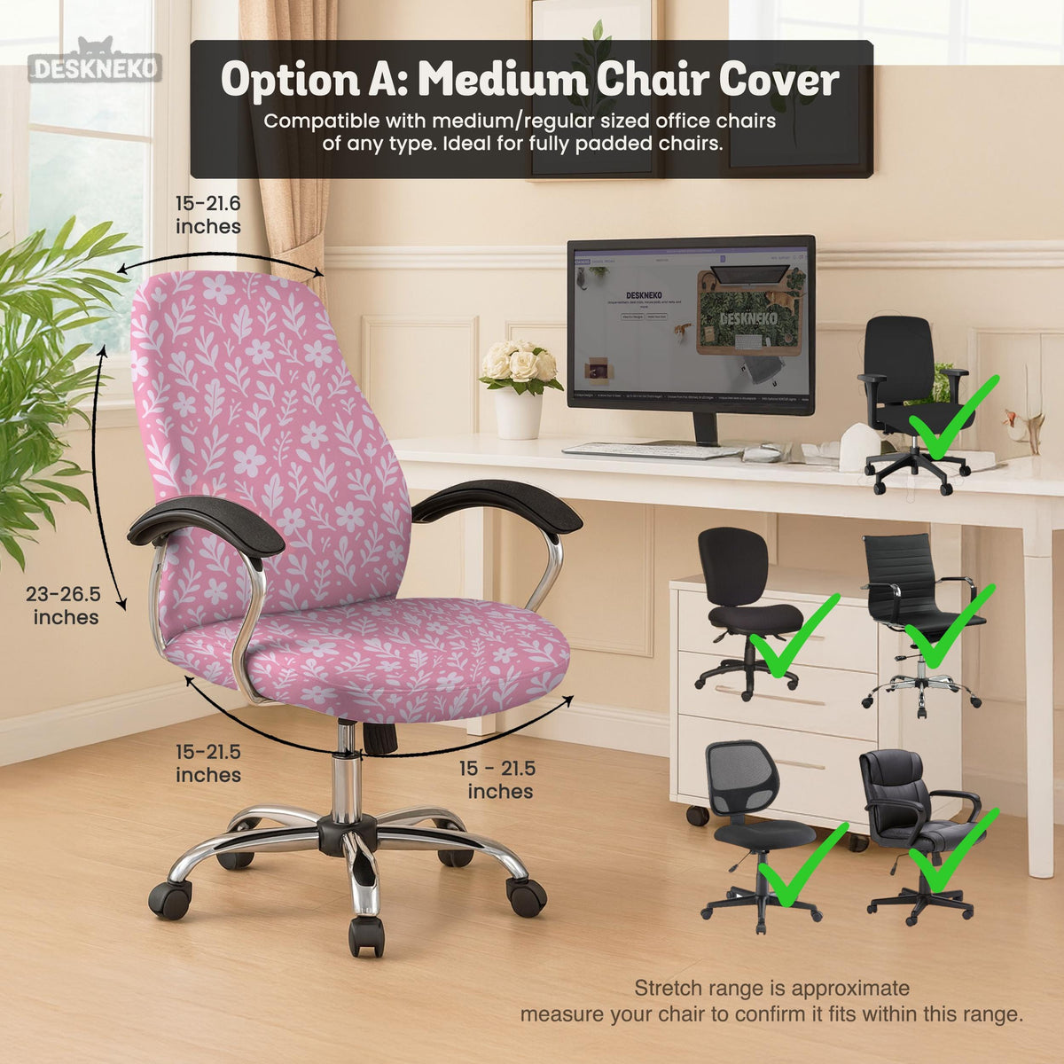 Soft pink floral chair cover shown on a gaming chair with a high back and armrests.