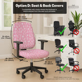 Blush pink chair cover with a small botanical floral pattern shown on an office chair.