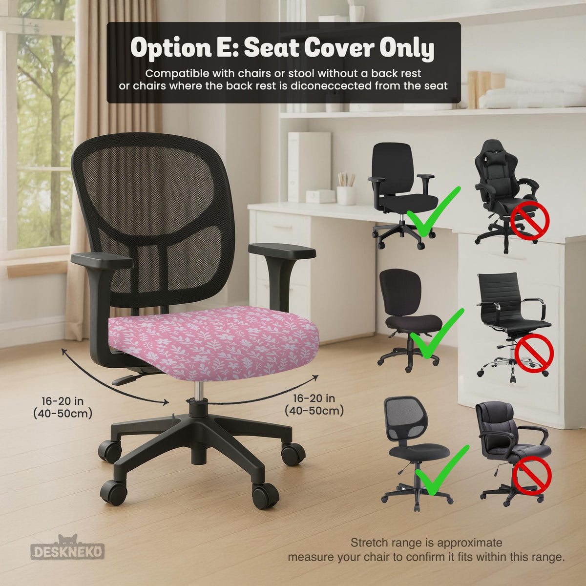 Blush pink chair cover with a small botanical floral pattern shown on an office chair.