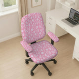 Blush pink chair cover with a small botanical floral pattern shown on an office chair.