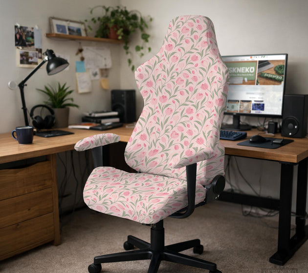 Pink chair cover with a tulip floral print shown as a desk chair slipcover, with armrest covers and size options.