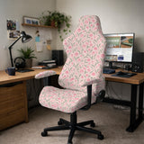 Pink chair cover with a tulip floral print shown as a desk chair slipcover, with armrest covers and size options.